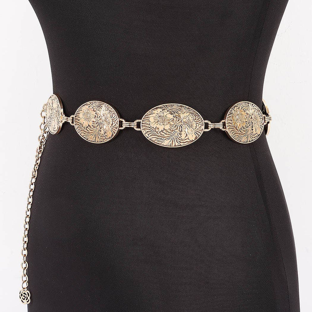 Floral Engraved Oval Medallion Chain Belt