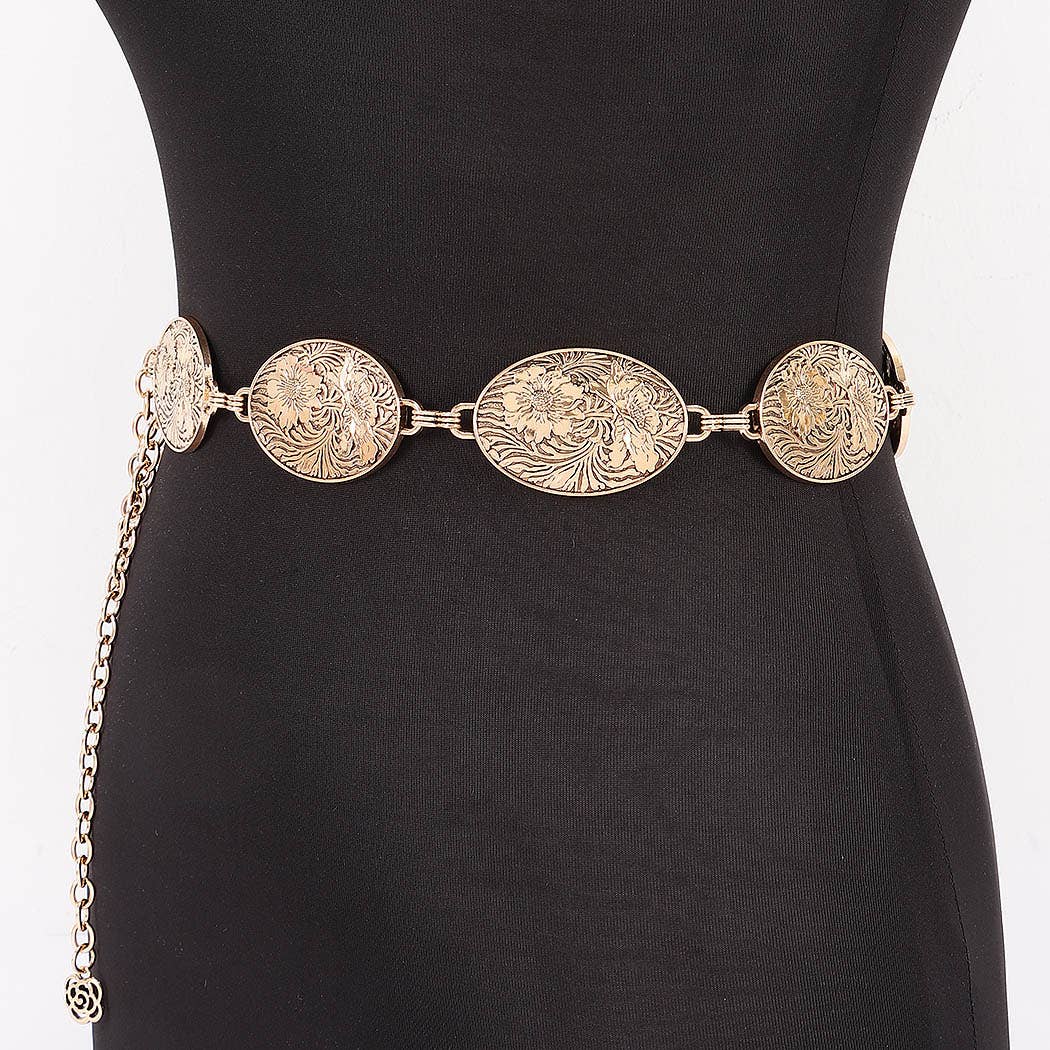 Floral Engraved Oval Medallion Chain Belt