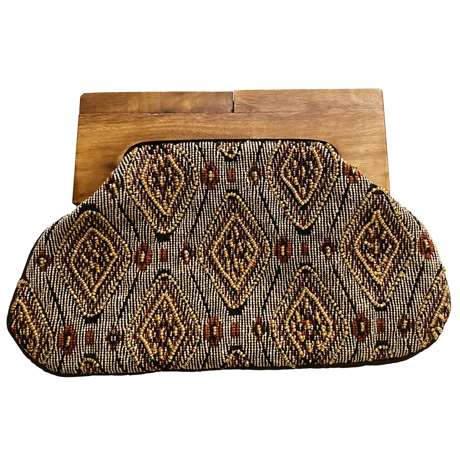 Black Gold Beaded Clutch Bag with Wooden Handle