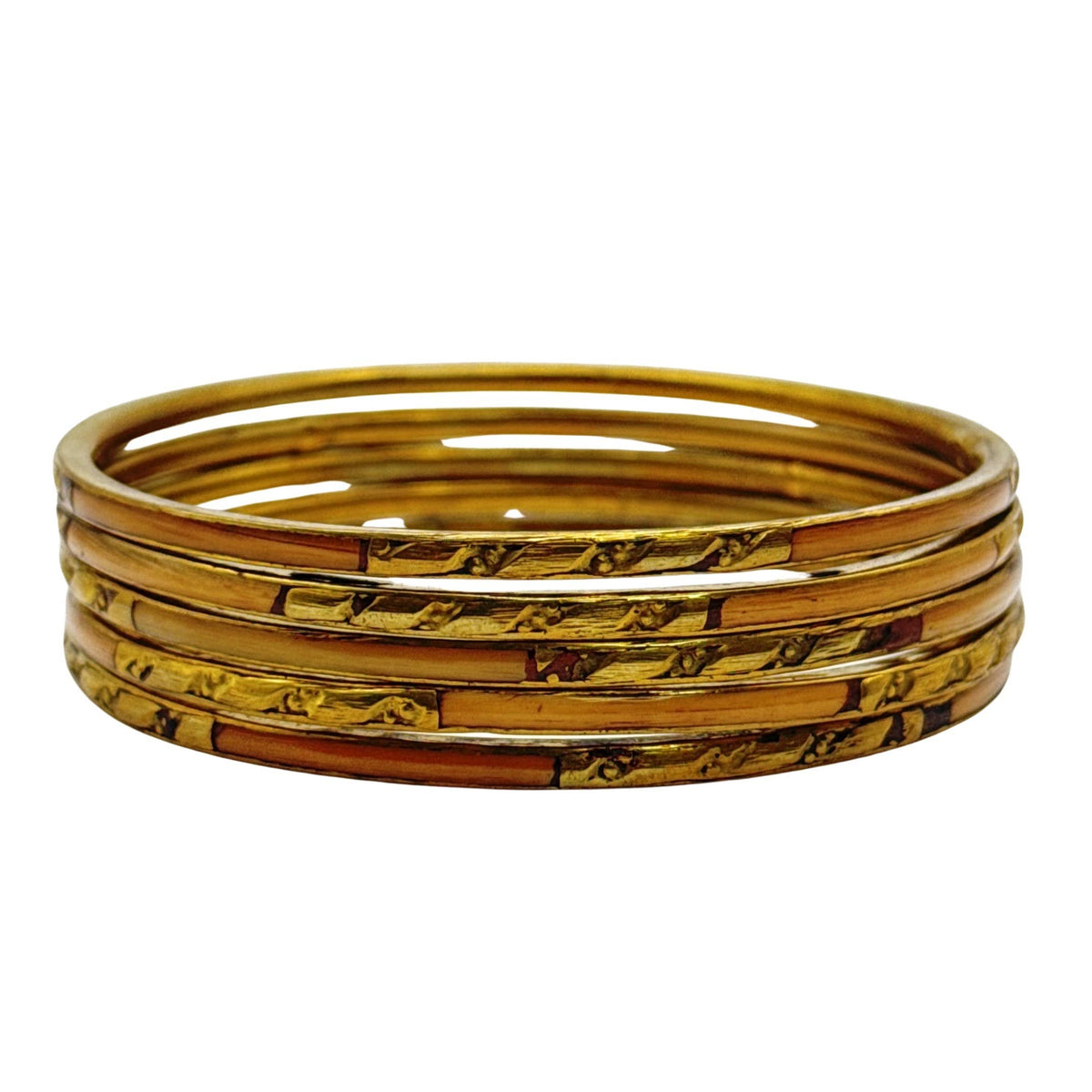 Artisan Embossed Brass Bangle Set with Colored Buffalo Bone