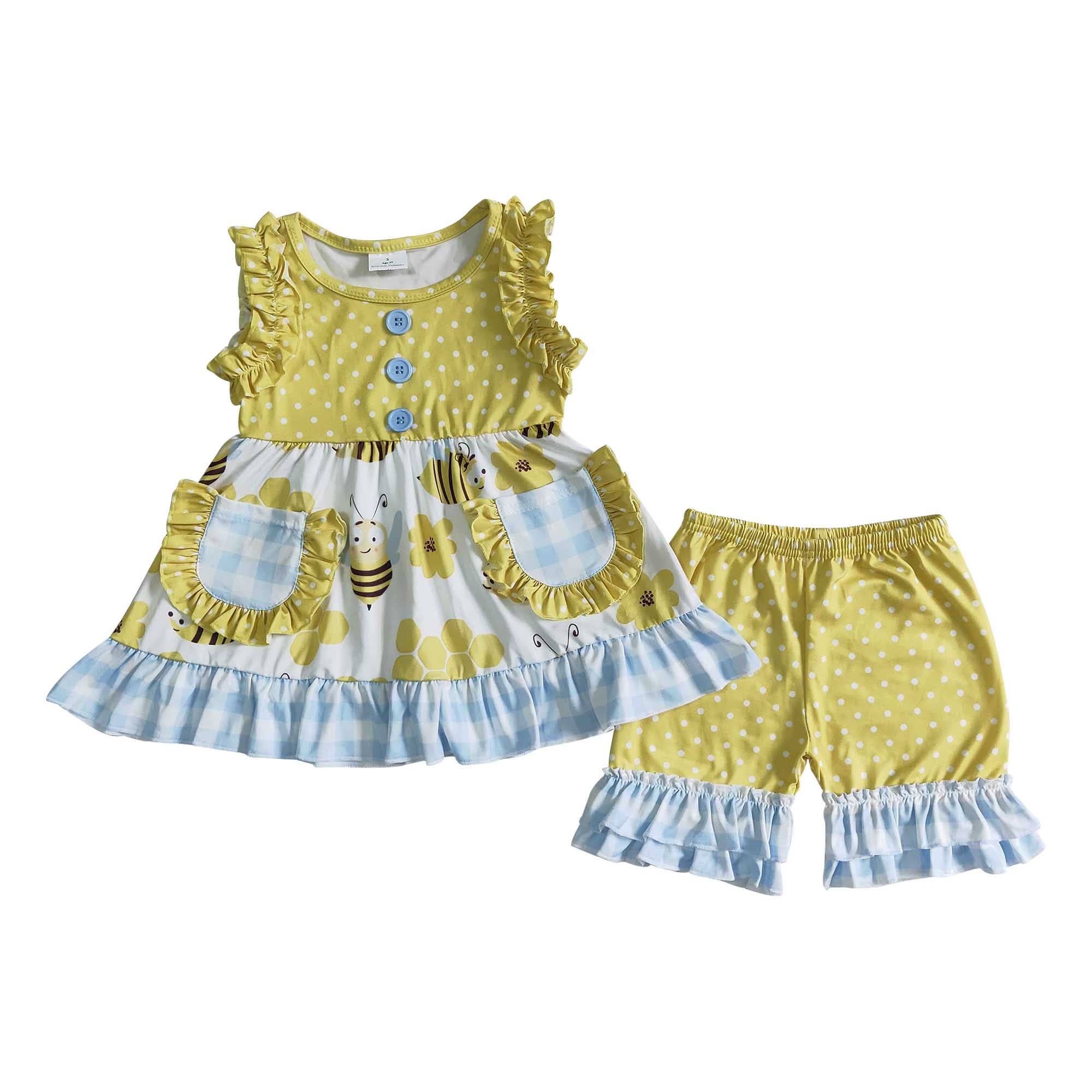 Baby girls summer honey bee ruffle shorts sets