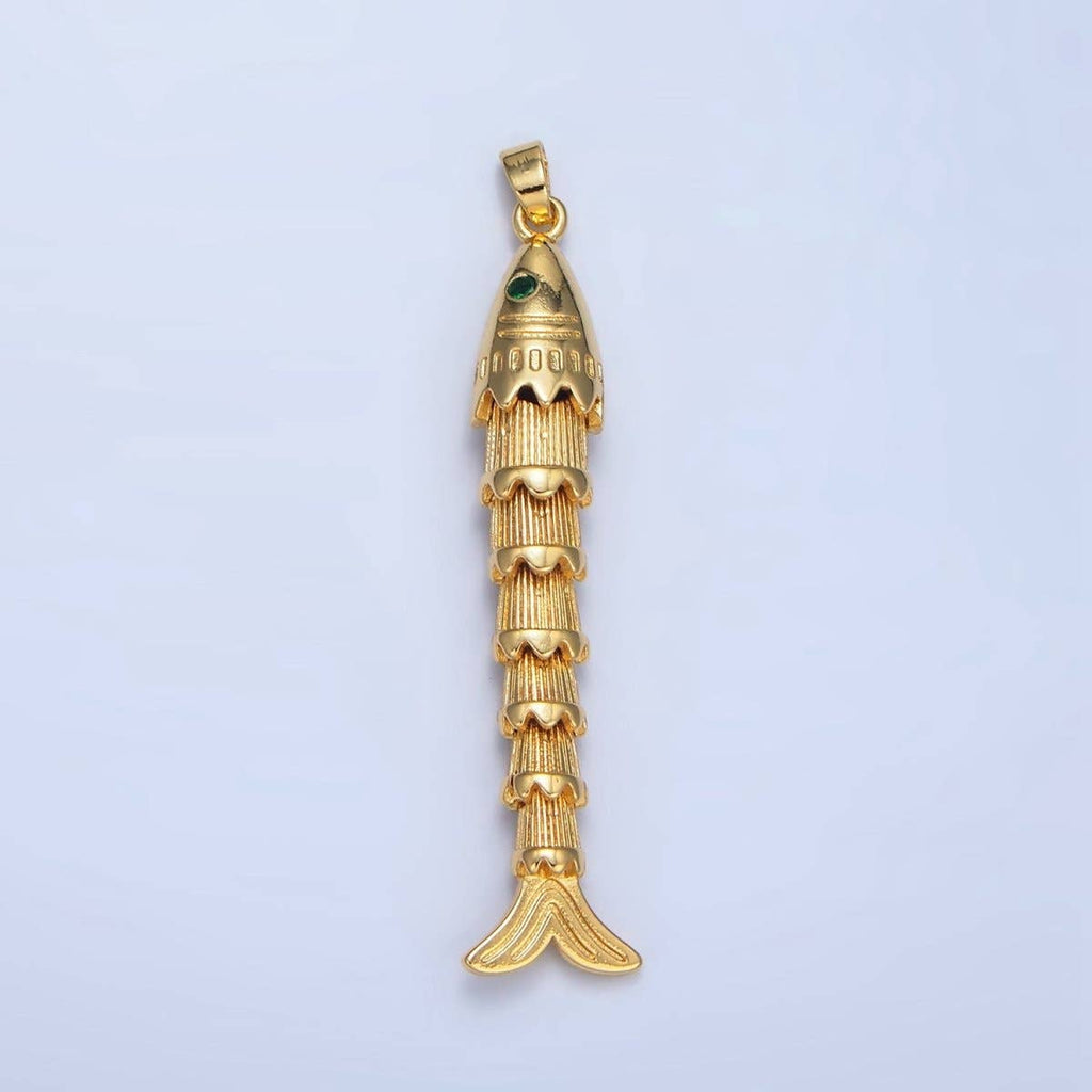 24K Gold Filled Green CZ Multidimensional Artisan Fish Charm | AA965