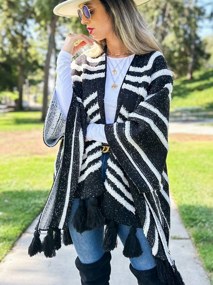Boho Textured Chunky Knit Tassel Ruana Cardigan