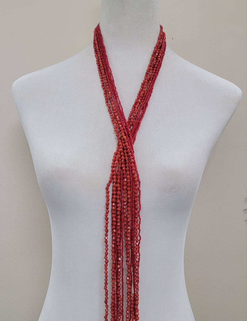 Seed Bead Multi-strand Long Necklace Features Scarf-Style
