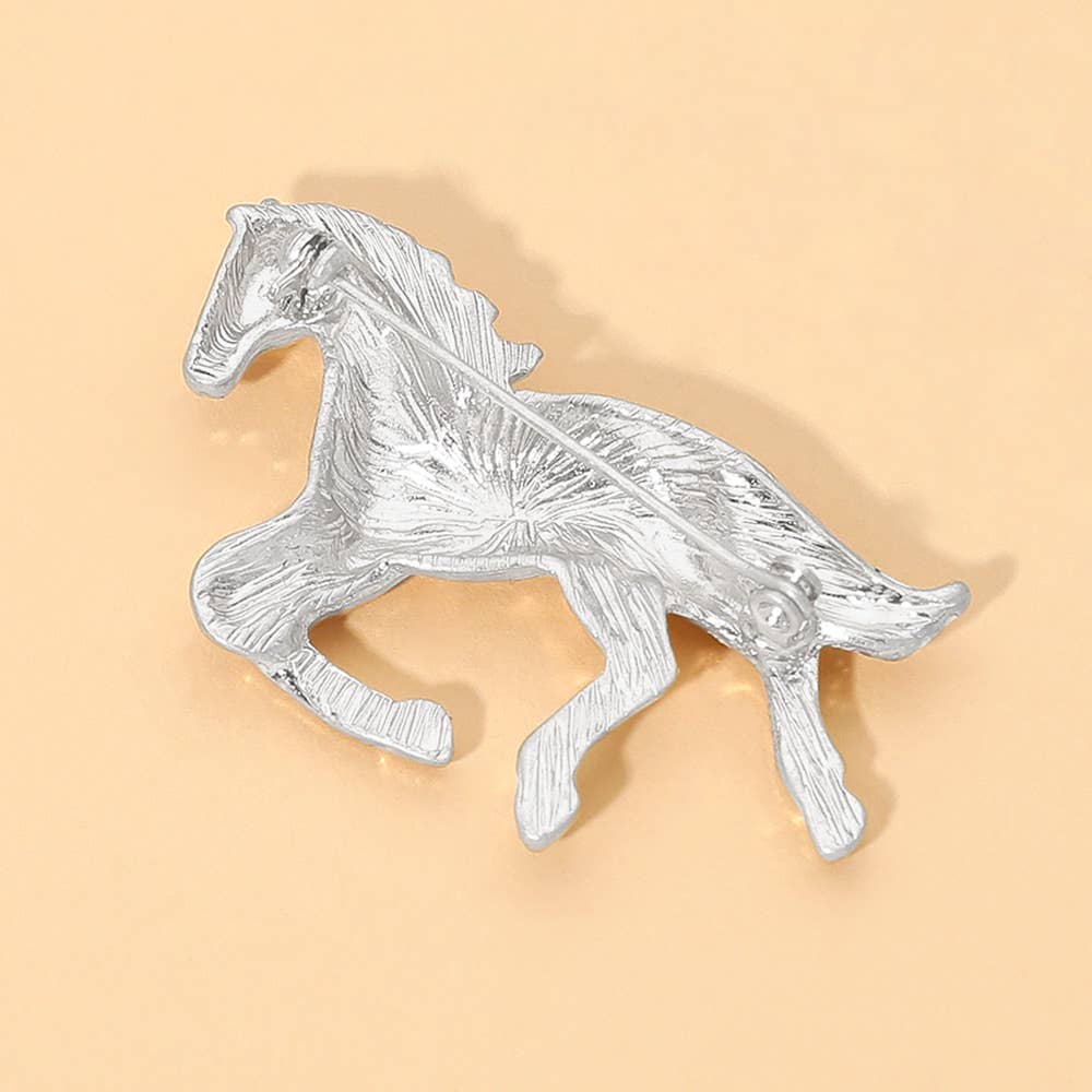 Brushed Metal Running Horse Pin Brooch