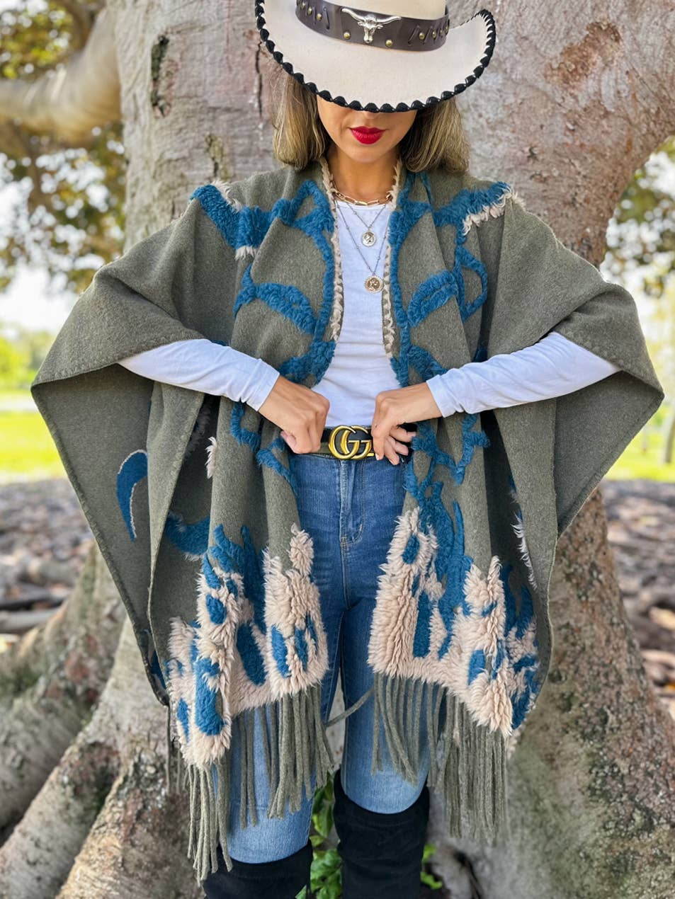 Olive Boho 3D Textured Abstract Fringe Ruana Cardigan