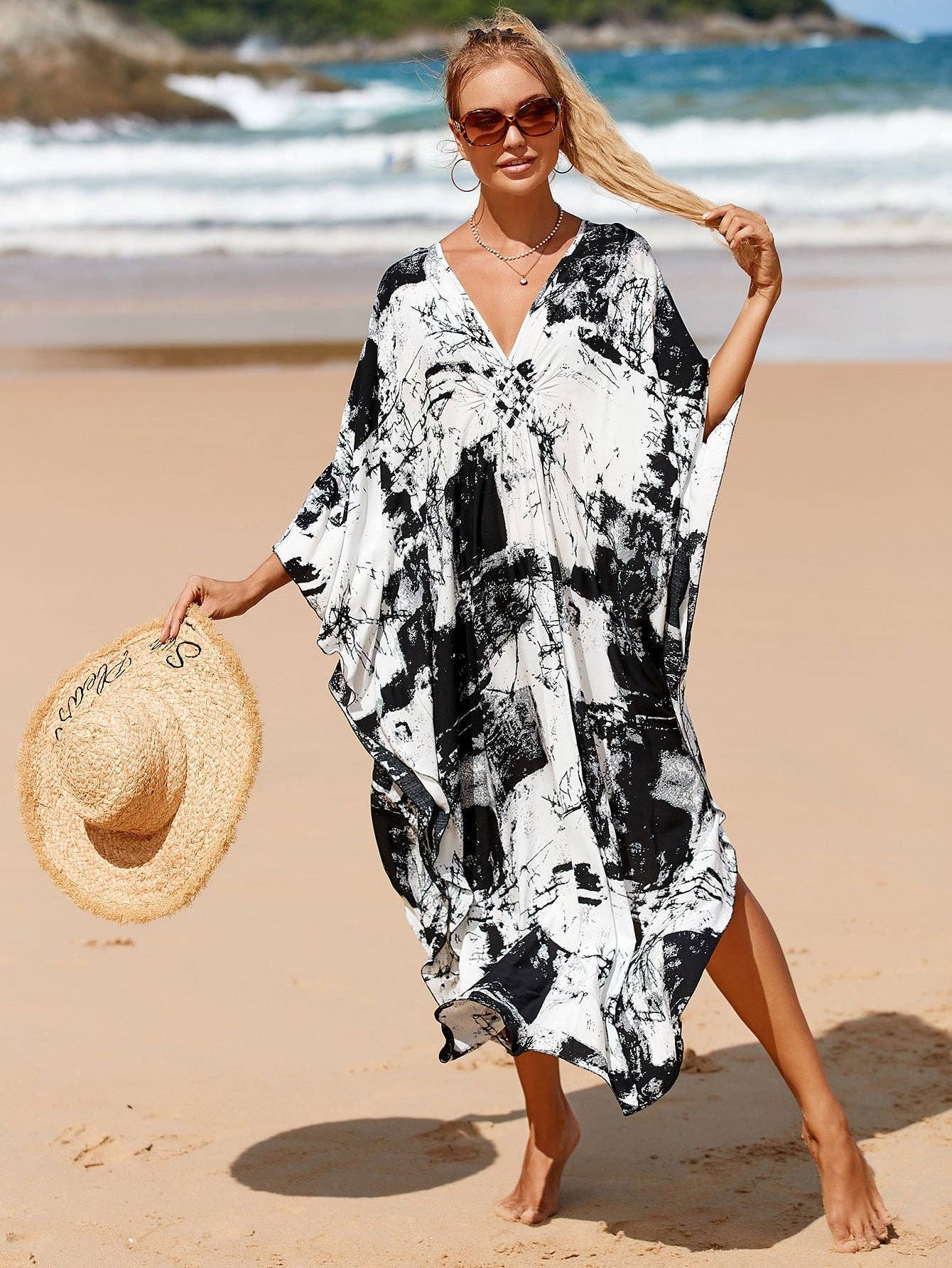 Kaftan Summer Dresses, Braided V-Neck - Black, S-3XL