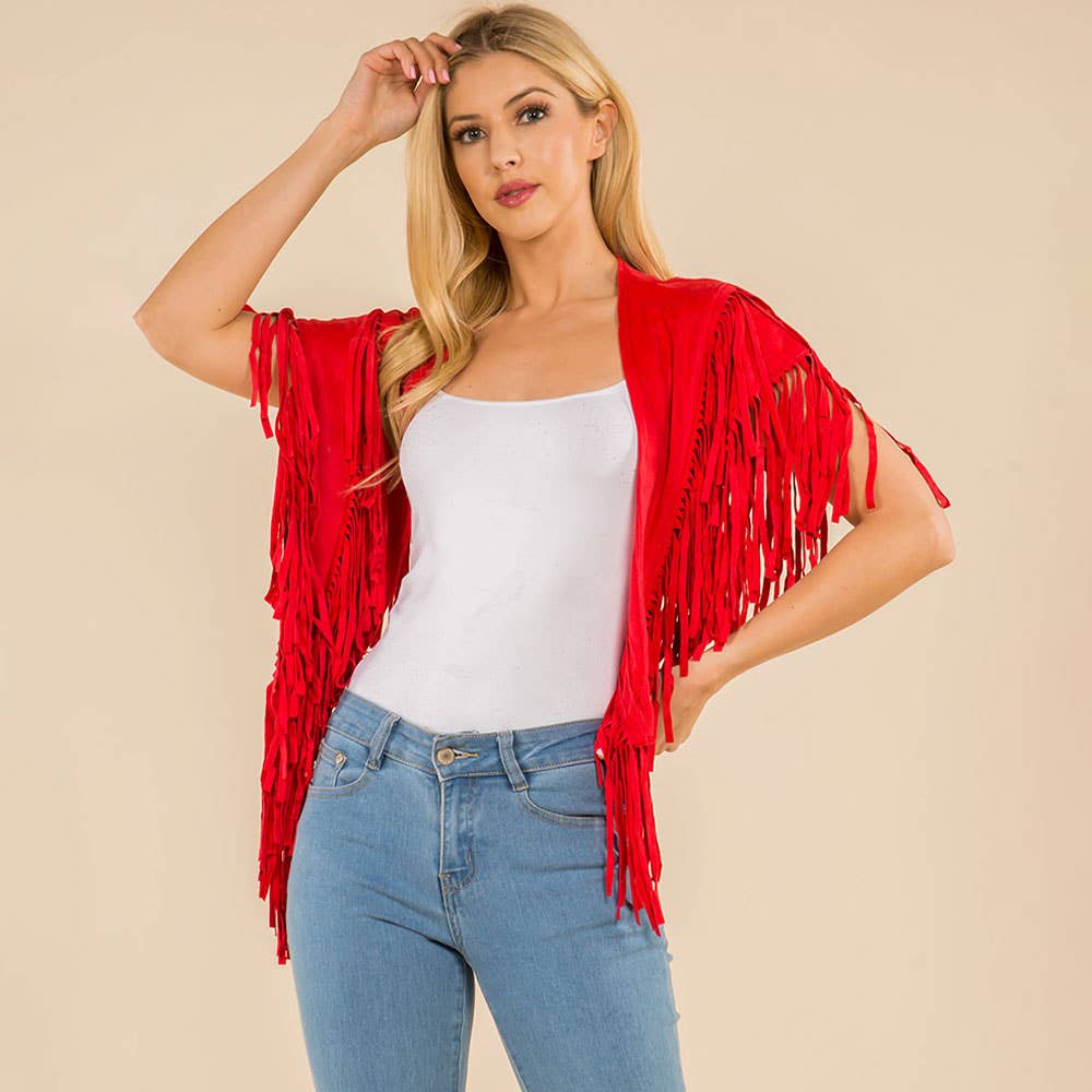 Faux Suede Open Front Western Tassel Shawl Poncho
