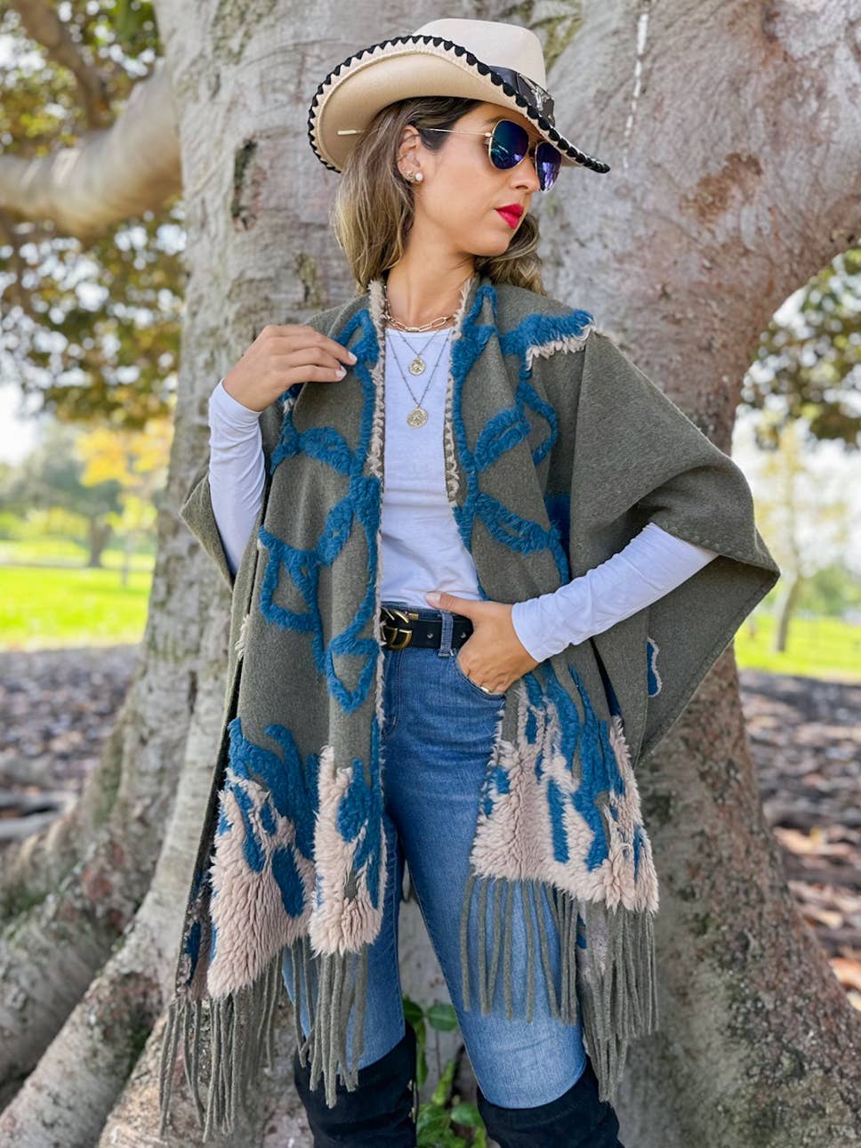 Olive Boho 3D Textured Abstract Fringe Ruana Cardigan