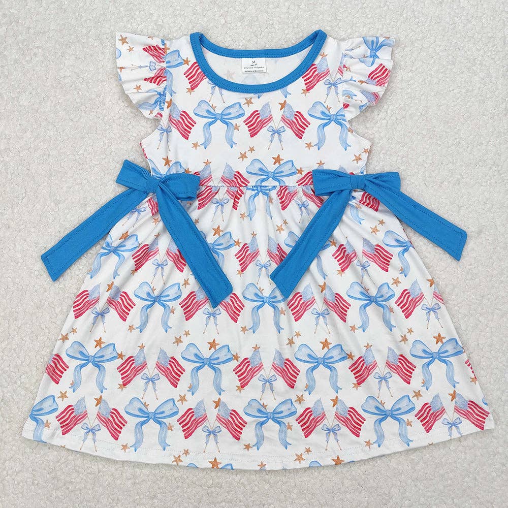 Baby Girls 4th Of July Bows Flags Flutter Sleeve Knee Length Dresses