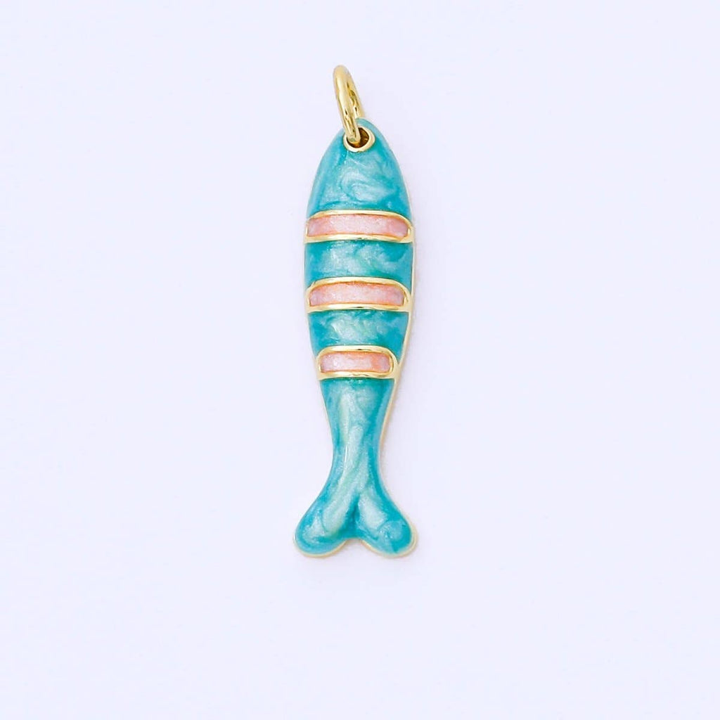 24K Gold Filled 24mm Teal, Orange, Purple Enamel Stripes Sea Creature Sardine Fish Charm | AF1502 AF1503