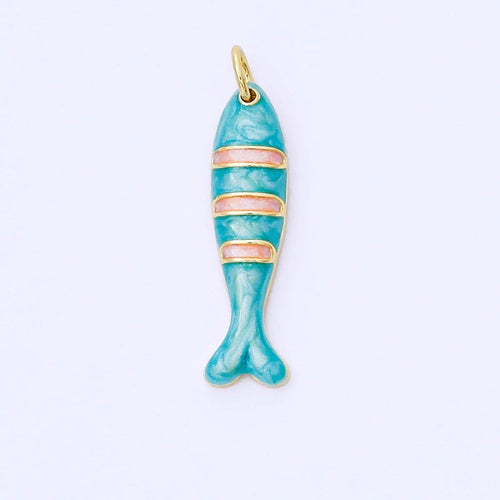 24K Gold Filled 24mm Teal, Orange, Purple Enamel Stripes Sea Creature Sardine Fish Charm | AF1502 AF1503