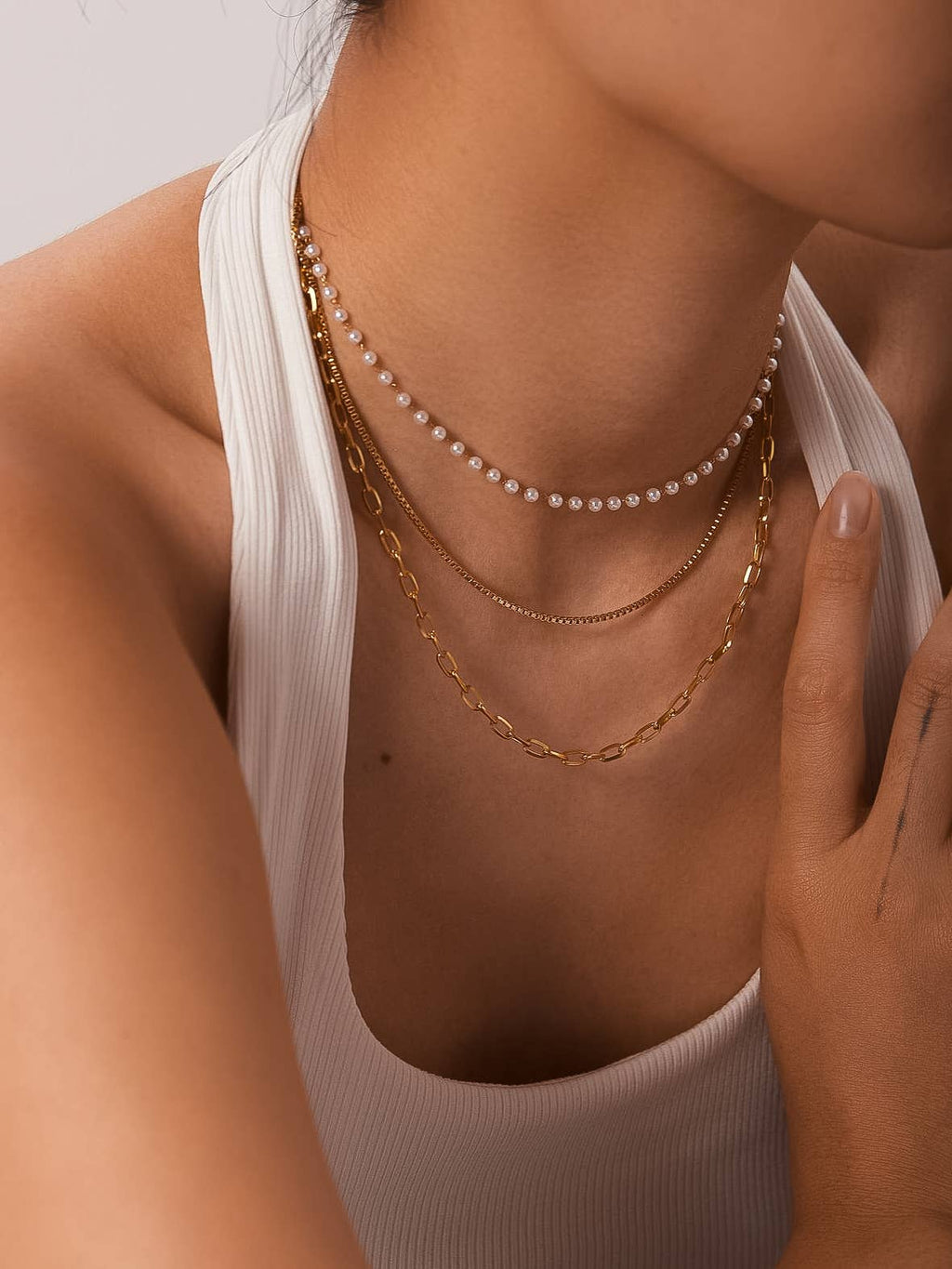 Cadeaux 18K Gold Non-Tarnish Stacked Pearl Chain Necklace