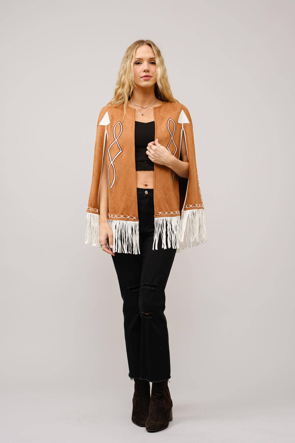 36306J - Fringe Detail Open Cape Jacket