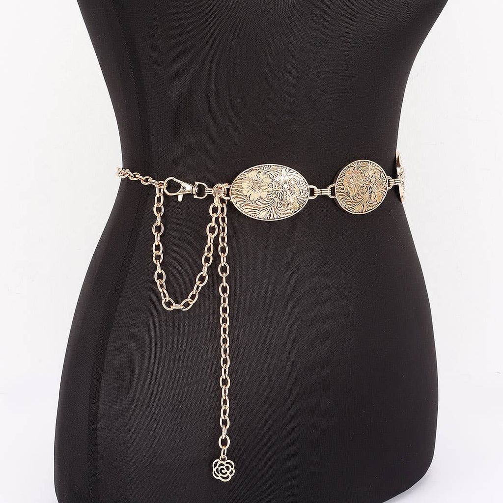 Floral Engraved Oval Medallion Chain Belt