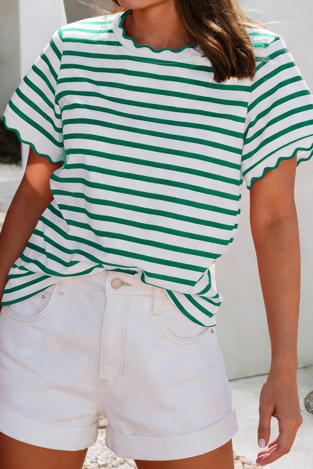 LDC Scalloped Trim Round Neck Stripe T Shirt| S-4X