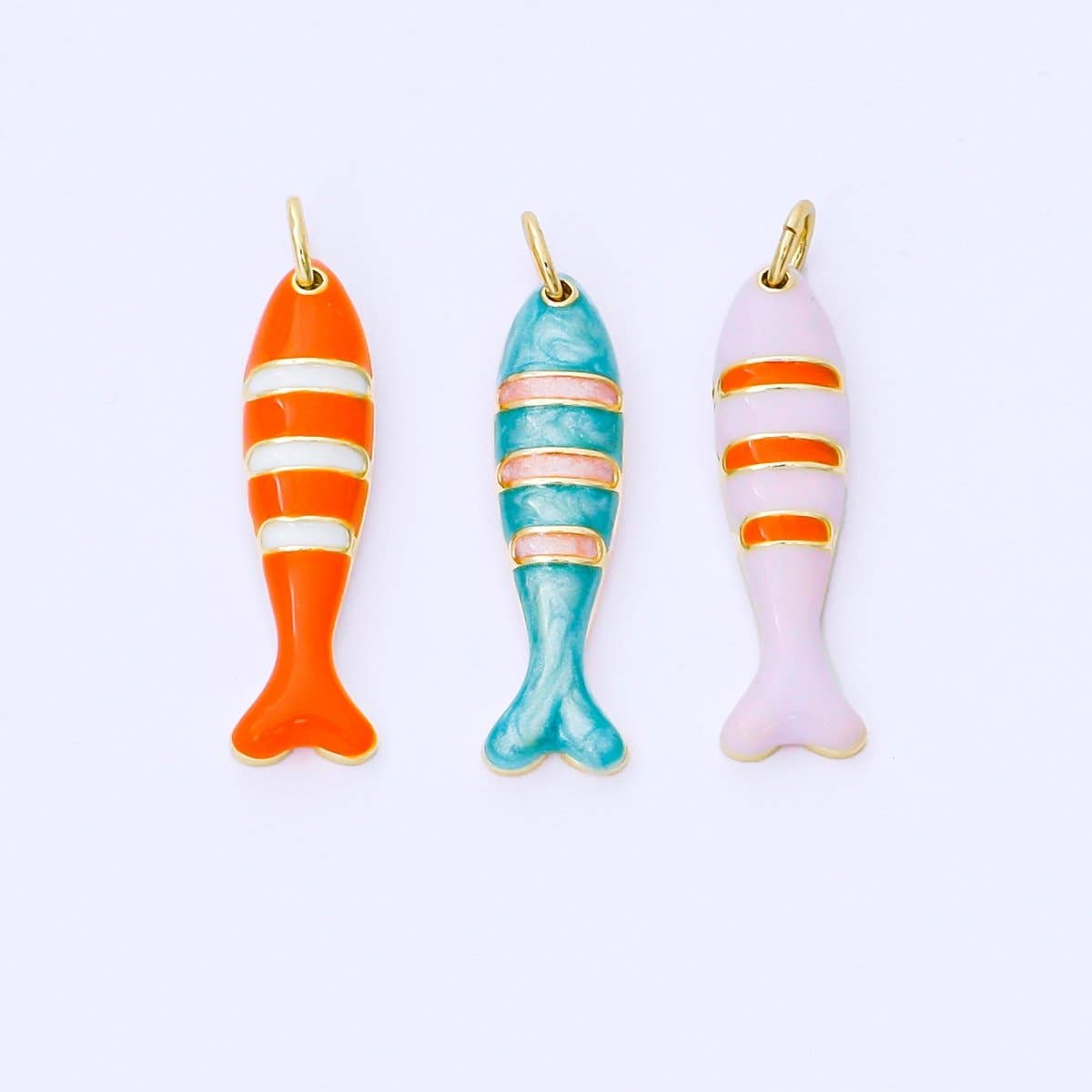24K Gold Filled 24mm Teal, Orange, Purple Enamel Stripes Sea Creature Sardine Fish Charm | AF1502 AF1503