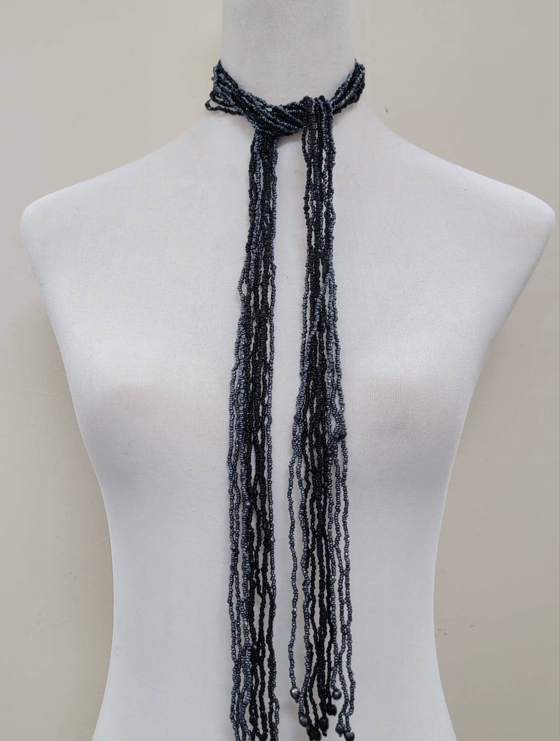 Seed Bead Multi-strand Long Necklace Features Scarf-Style