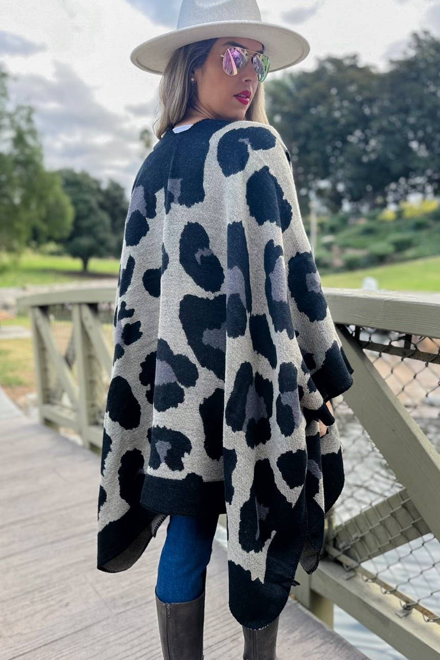 Boho Large Leopard Print Knit Ruana Cardigan