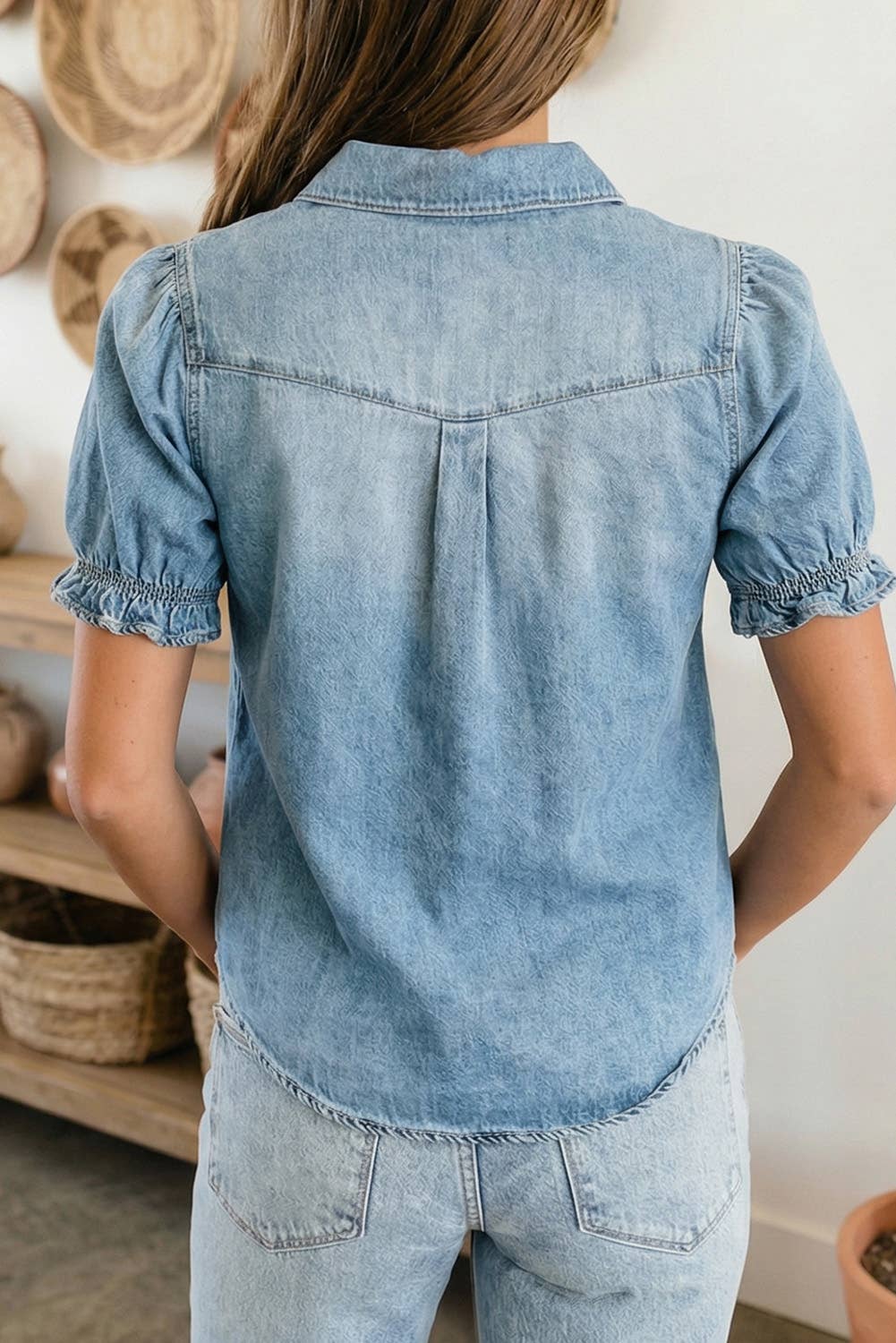 LDC Frilled Short Sleeve Snap Button Denim Shirt
