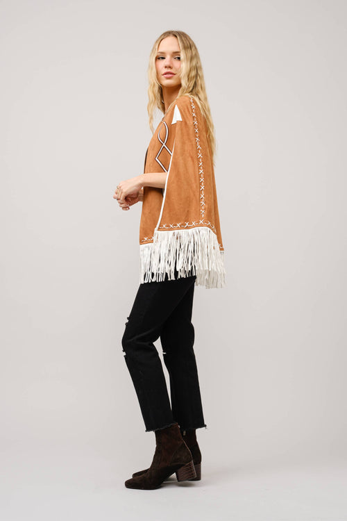 36306J - Fringe Detail Open Cape Jacket