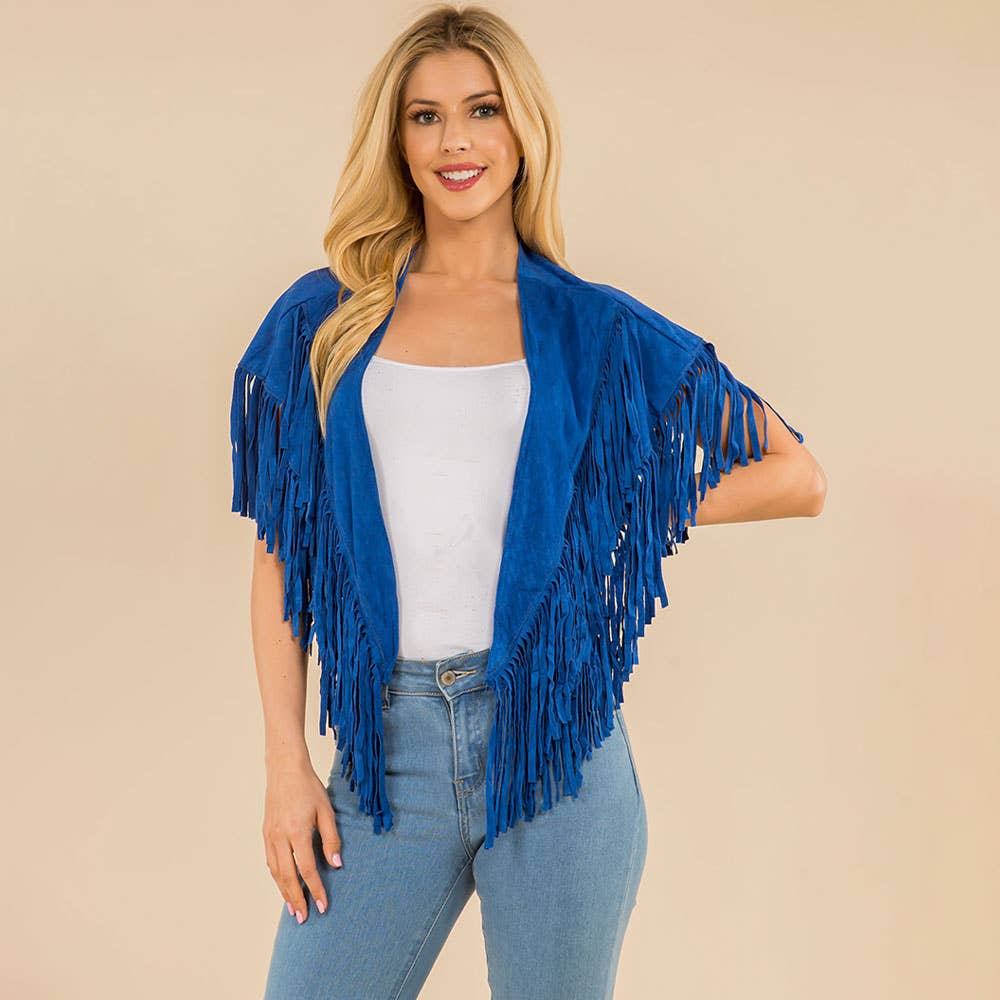 Faux Suede Open Front Western Tassel Shawl Poncho