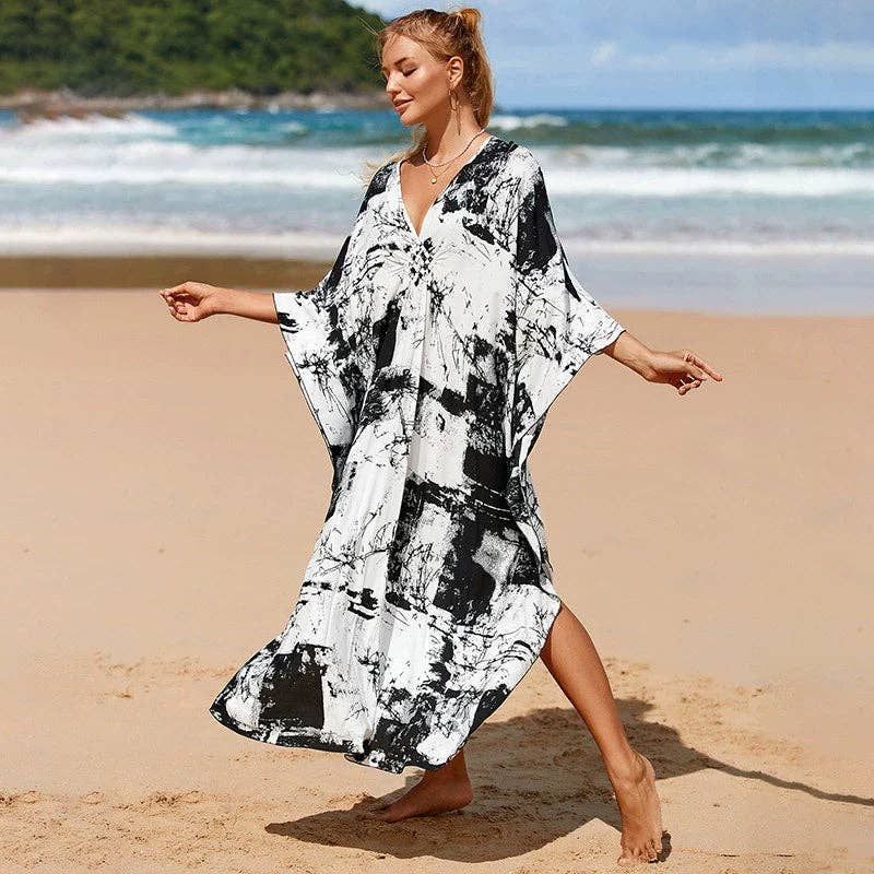 Kaftan Summer Dresses, Braided V-Neck - Black, S-3XL