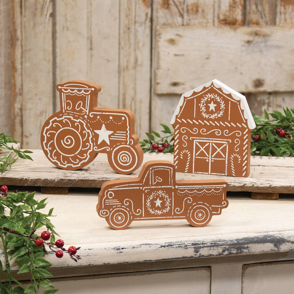 Wooden Gingerbread Farm Equipment Sitter - 3 Assorted