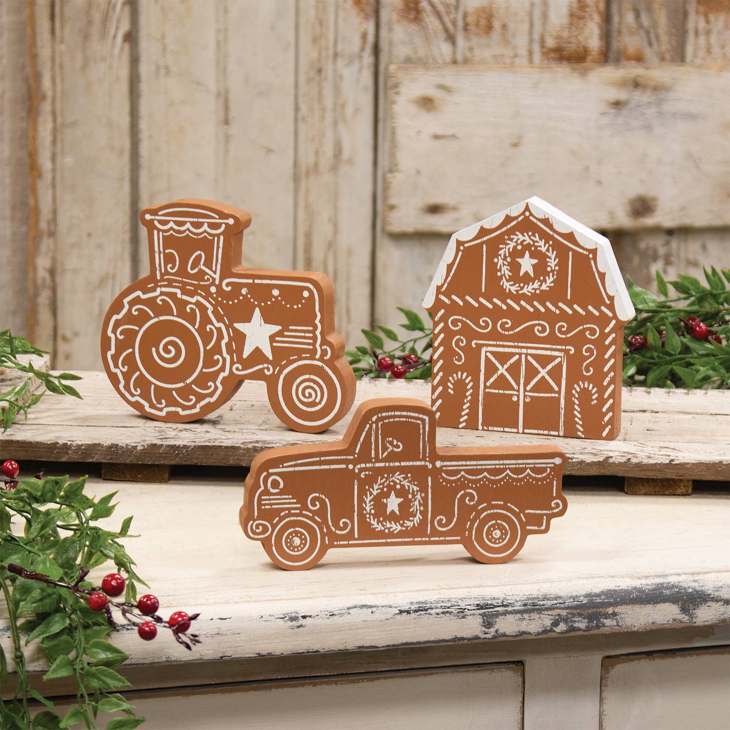 Wooden Gingerbread Farm Equipment Sitter - 3 Assorted