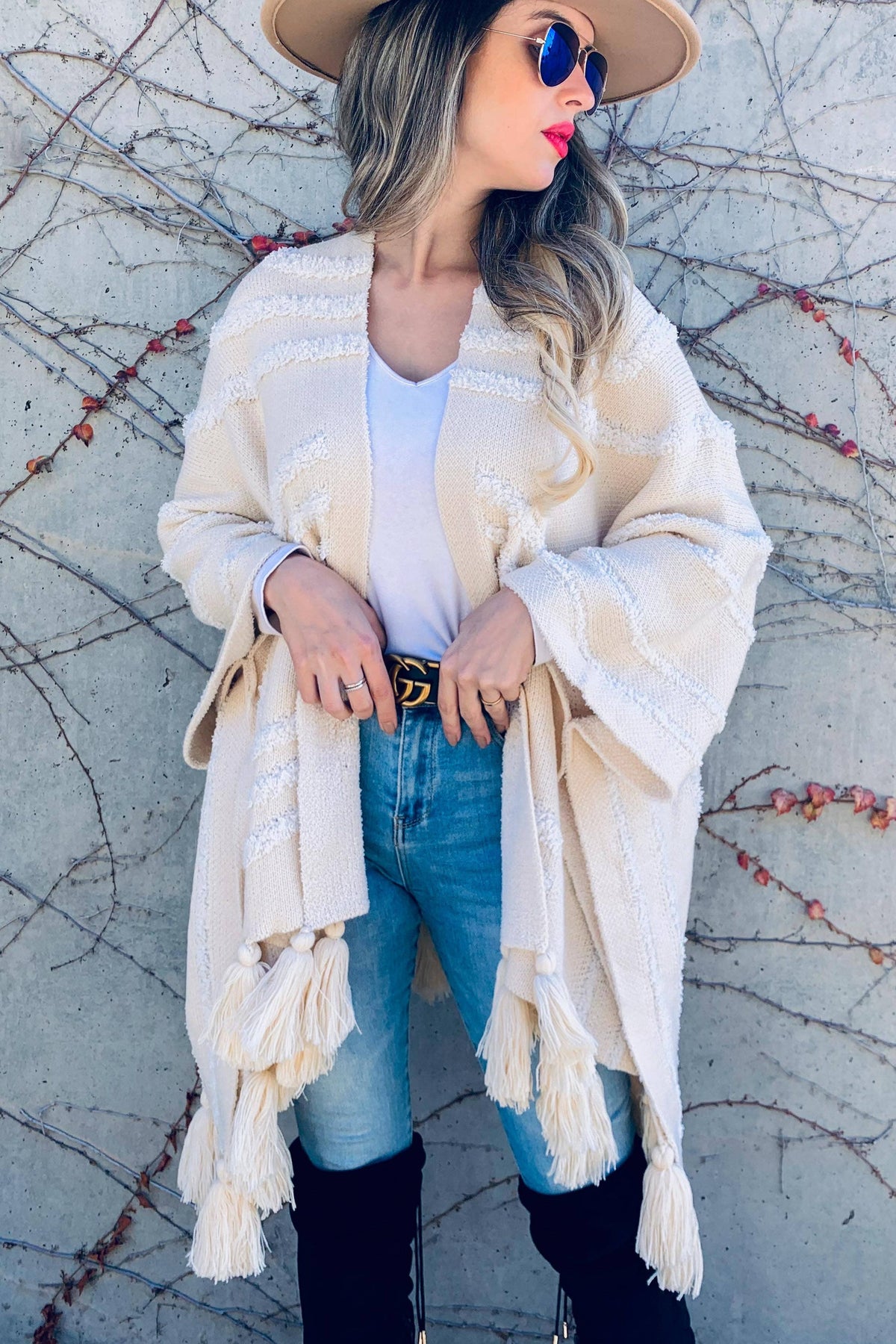 Boho Textured Chunky Knit Tassel Ruana Cardigan