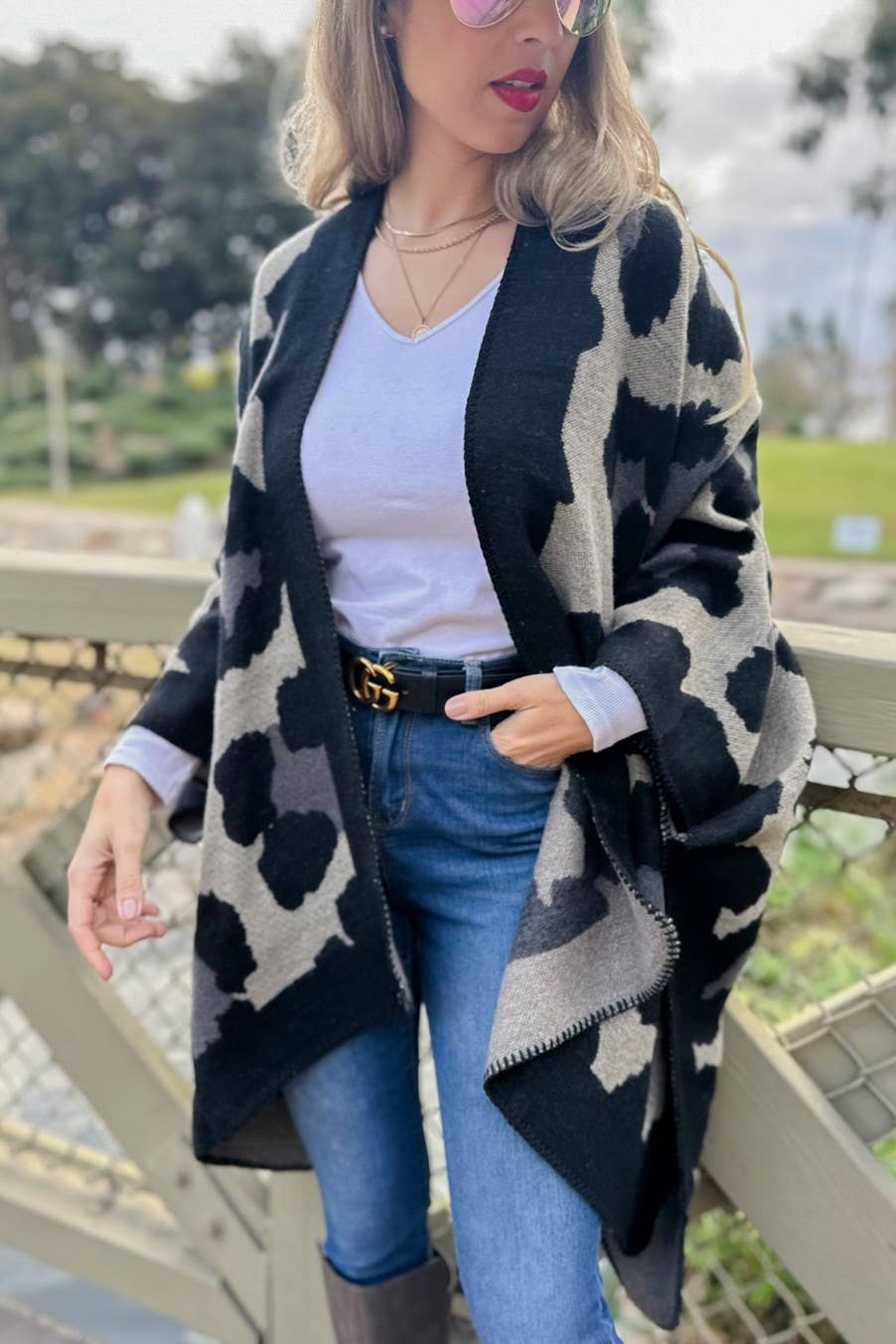 Boho Large Leopard Print Knit Ruana Cardigan