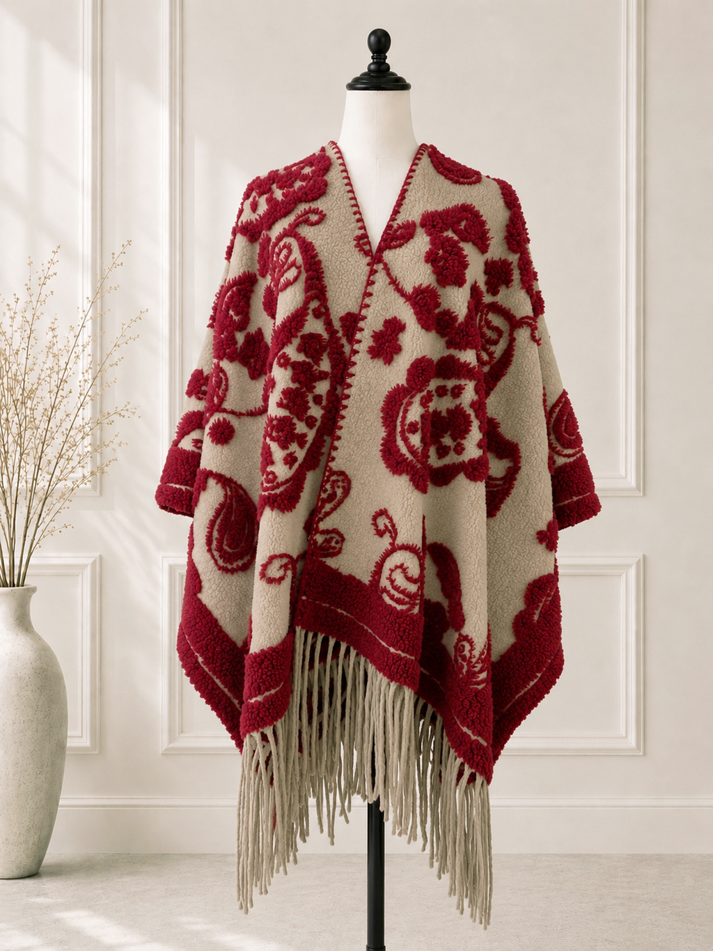 Red Western Boho 3D Textured Paisley Fringe Ruana Cardigan