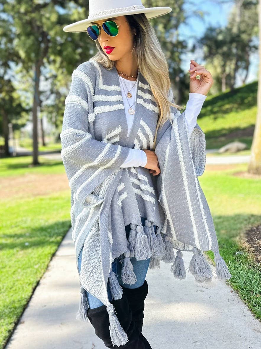 Boho Textured Chunky Knit Tassel Ruana Cardigan