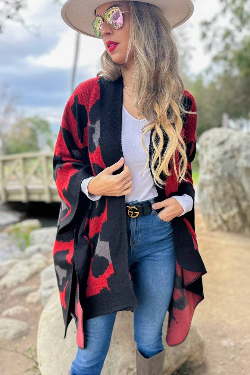 Boho Large Leopard Print Knit Ruana Cardigan