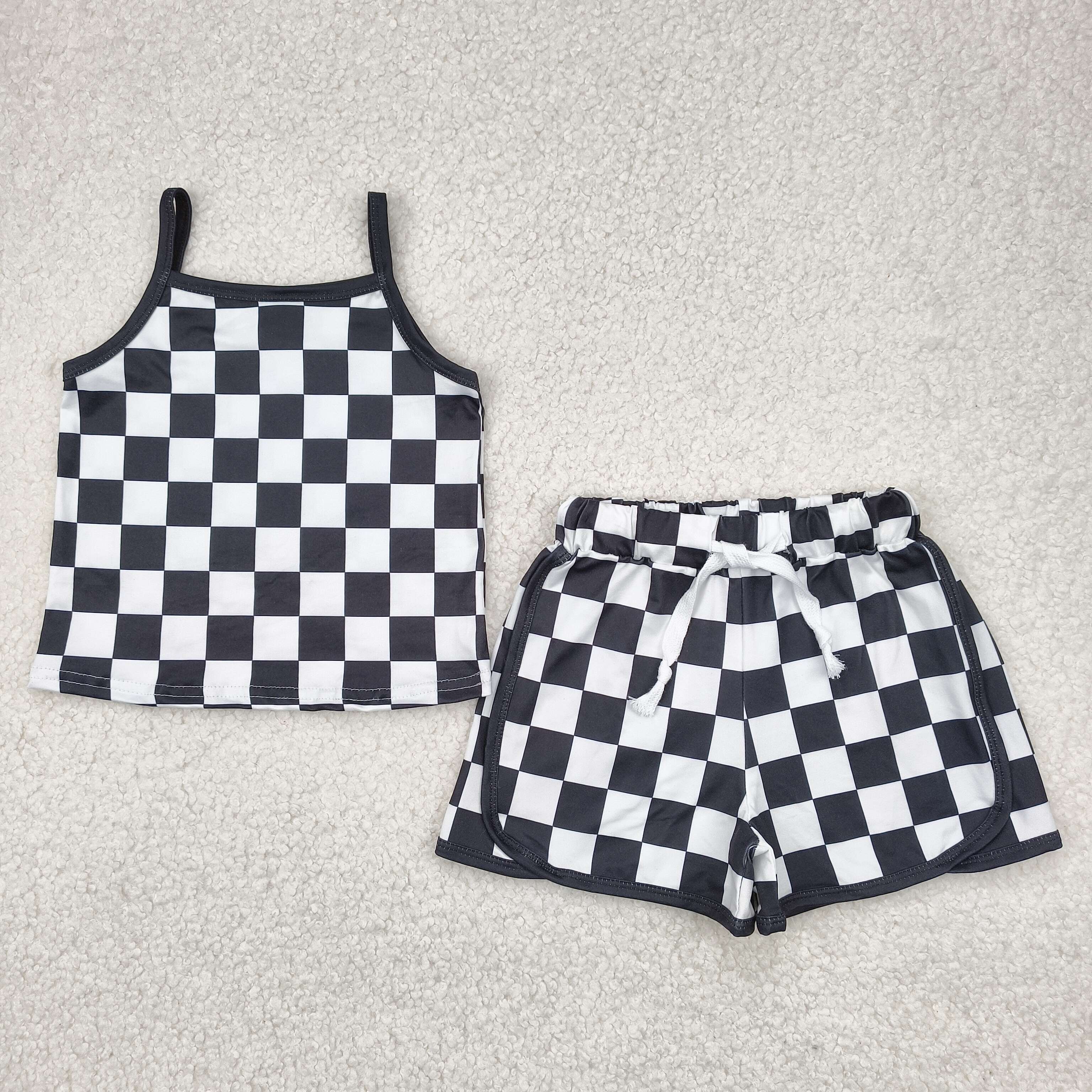 Sibling Baby Girls Strap Plaid Top Short Sports Sets