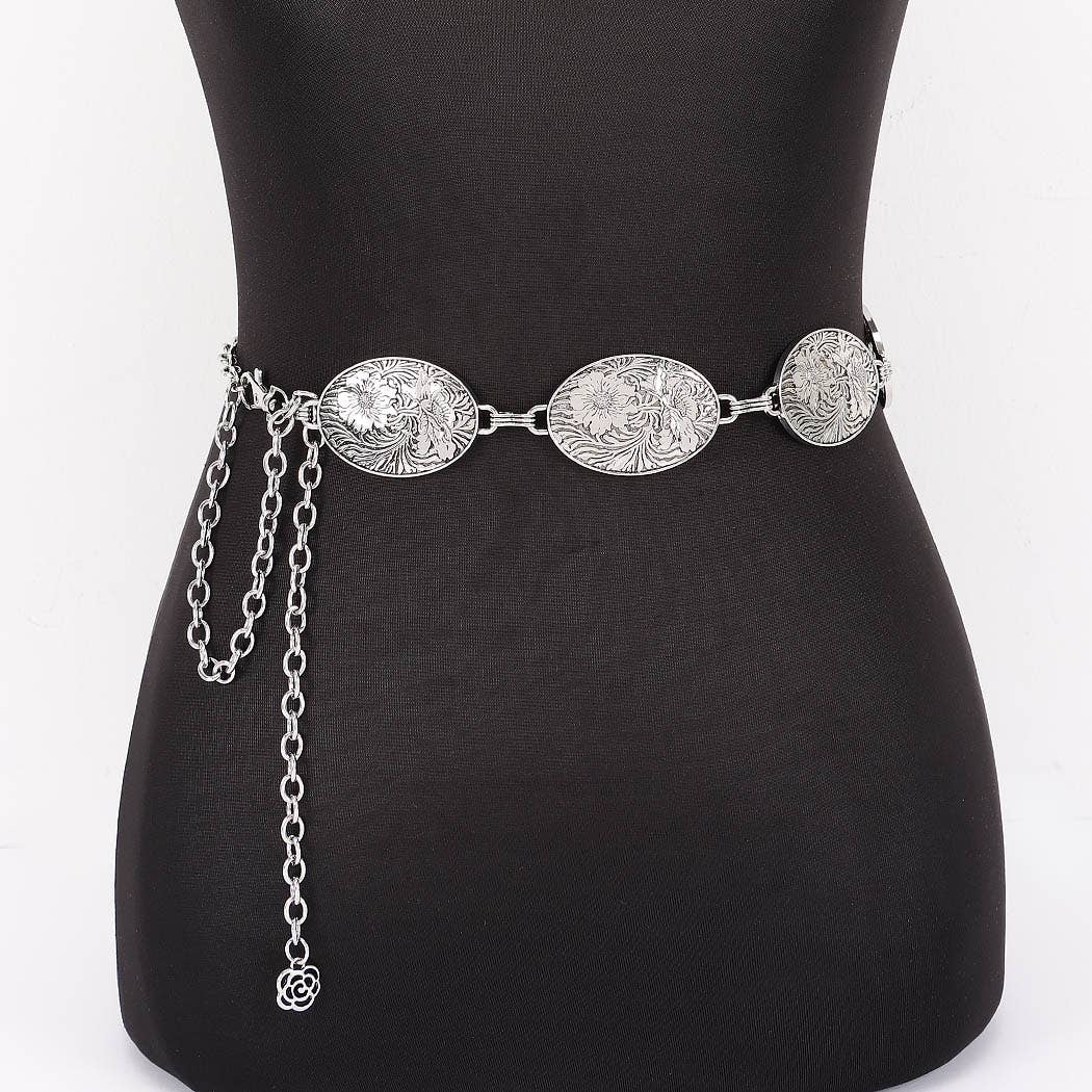 Floral Engraved Oval Medallion Chain Belt