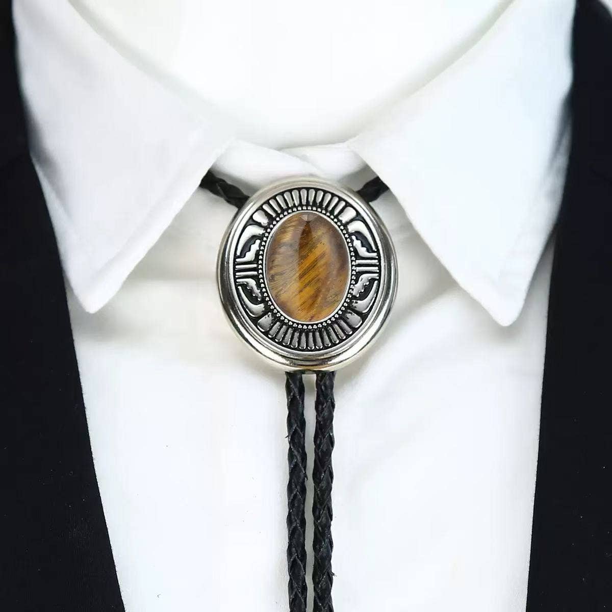 Western Tiger Eye Cowboy Bolo Tie Necklace