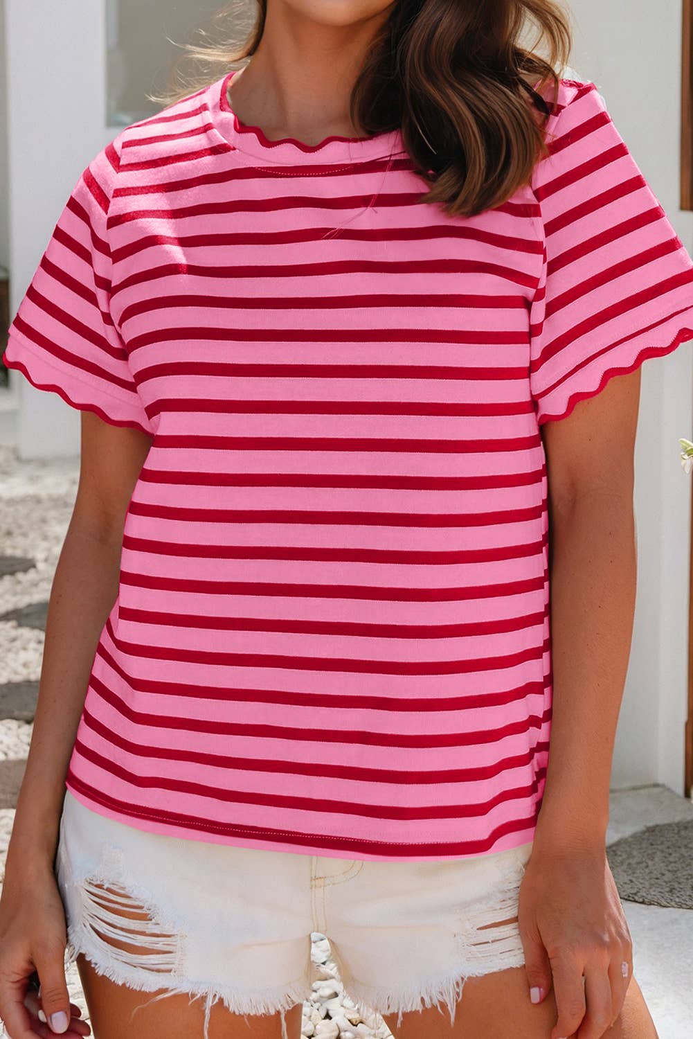 LDC Scalloped Trim Round Neck Stripe T Shirt| S-4X