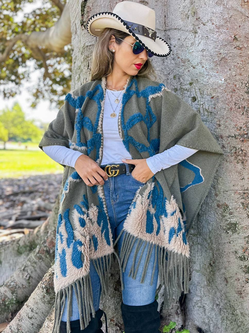 Olive Boho 3D Textured Abstract Fringe Ruana Cardigan
