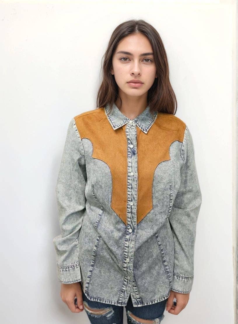 MK778 Denim Pearl Snap Button Up Shirt