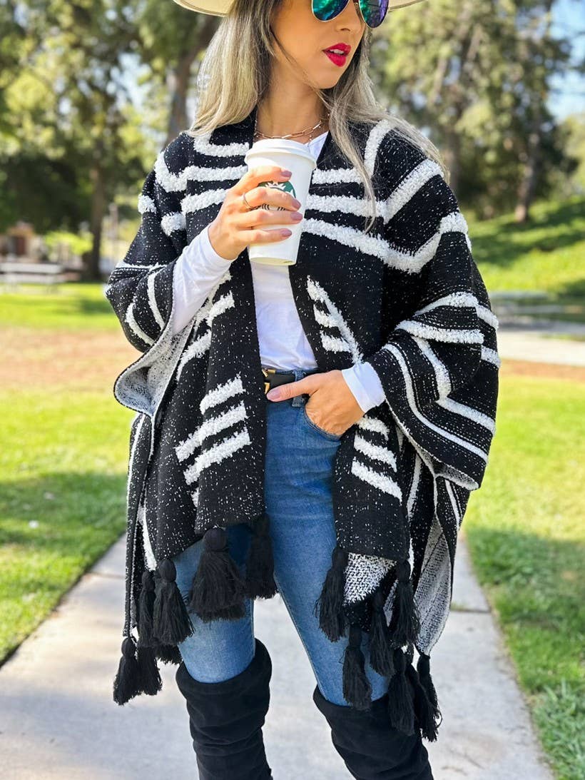 Boho Textured Chunky Knit Tassel Ruana Cardigan