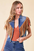 SIJ5261B MED WASH WESTERN FRINGE DENIM MOTOR ZIP UP  VEST