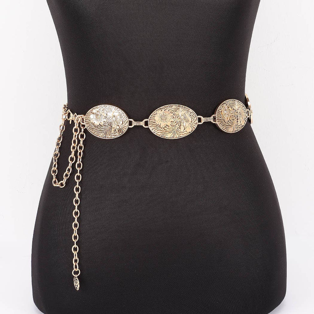 Floral Engraved Oval Medallion Chain Belt