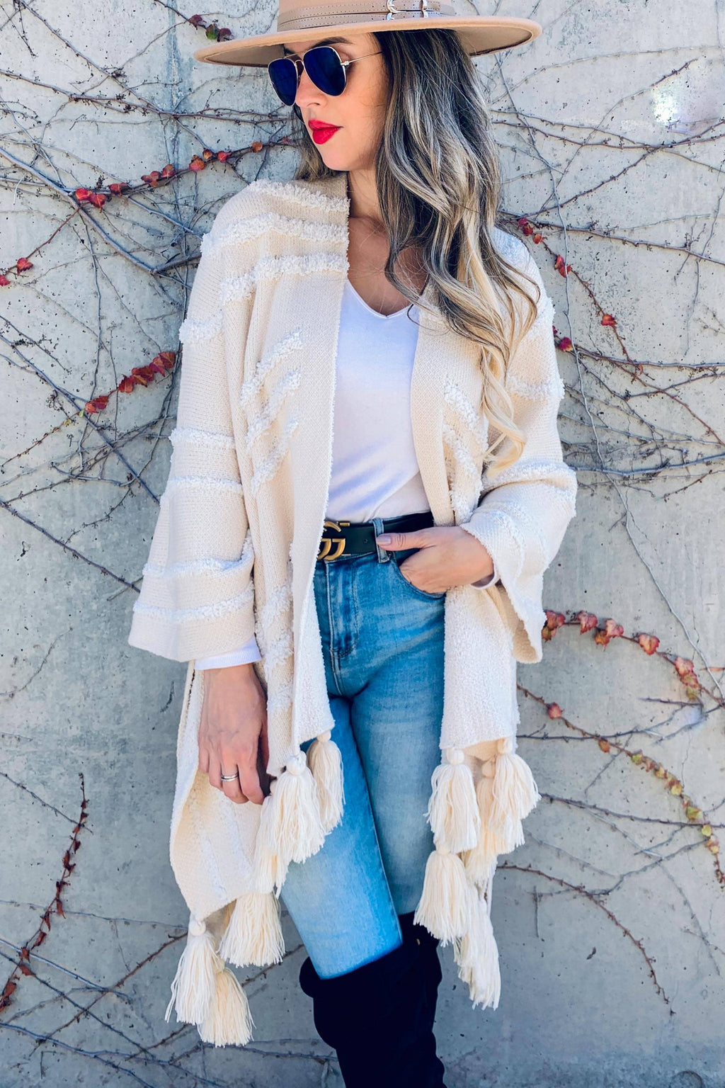 Boho Textured Chunky Knit Tassel Ruana Cardigan