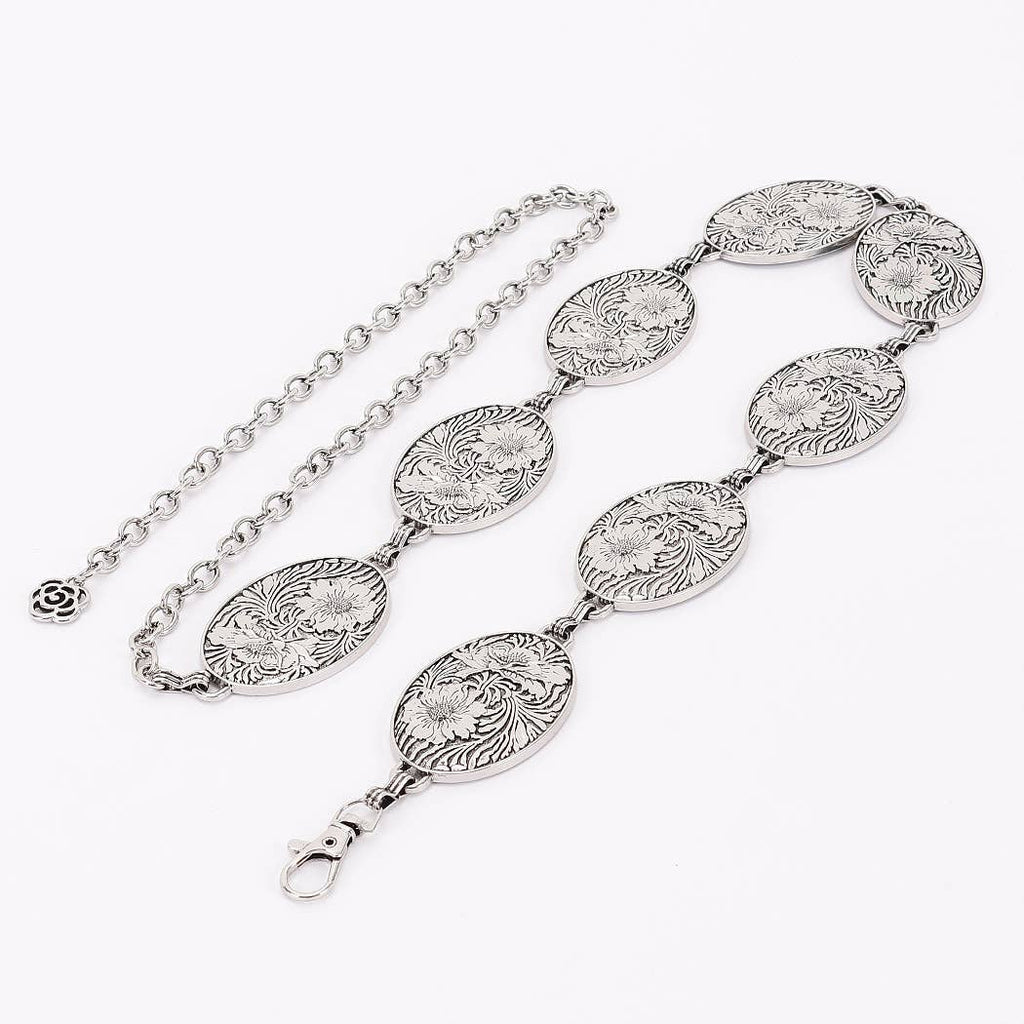 Floral Engraved Oval Medallion Chain Belt