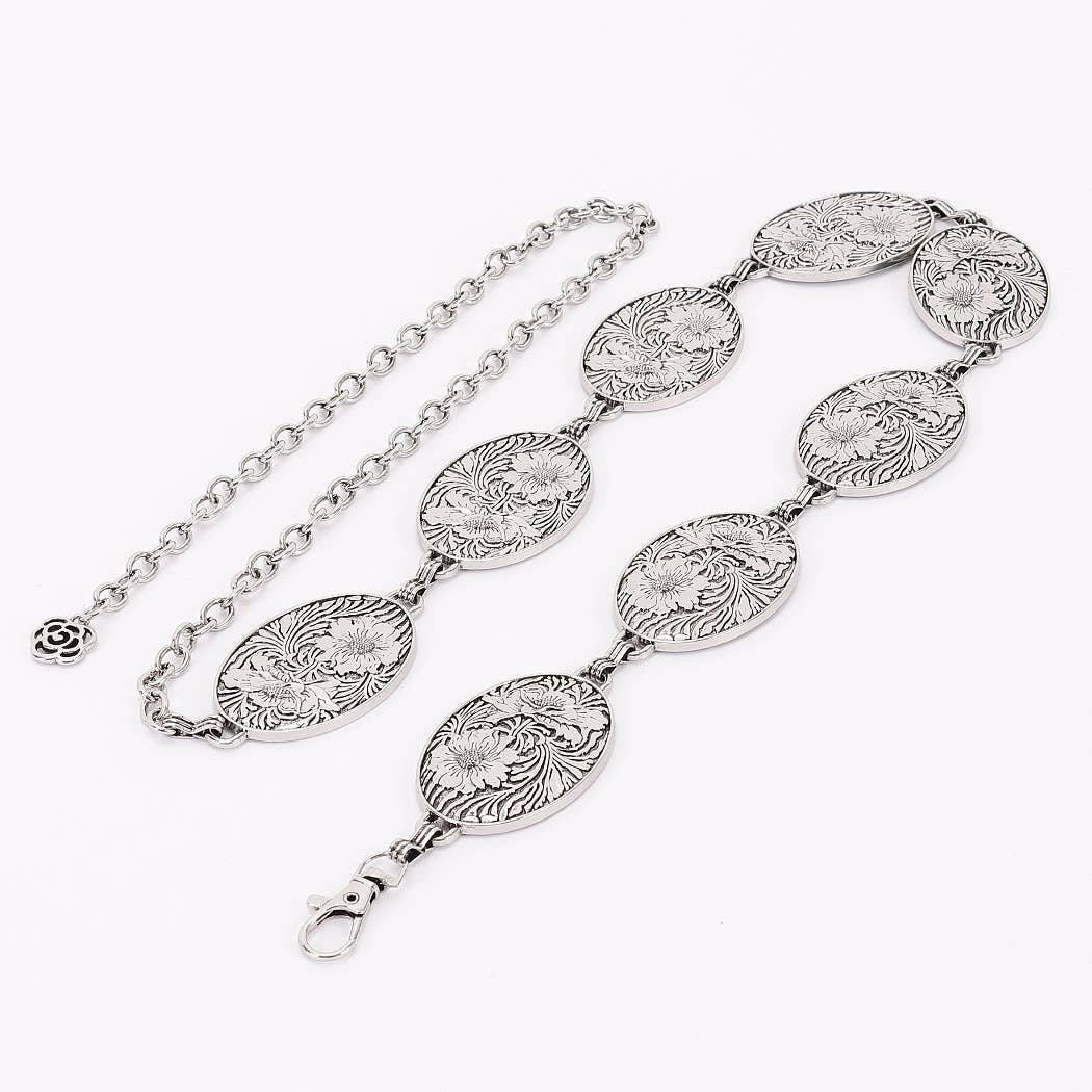 Floral Engraved Oval Medallion Chain Belt