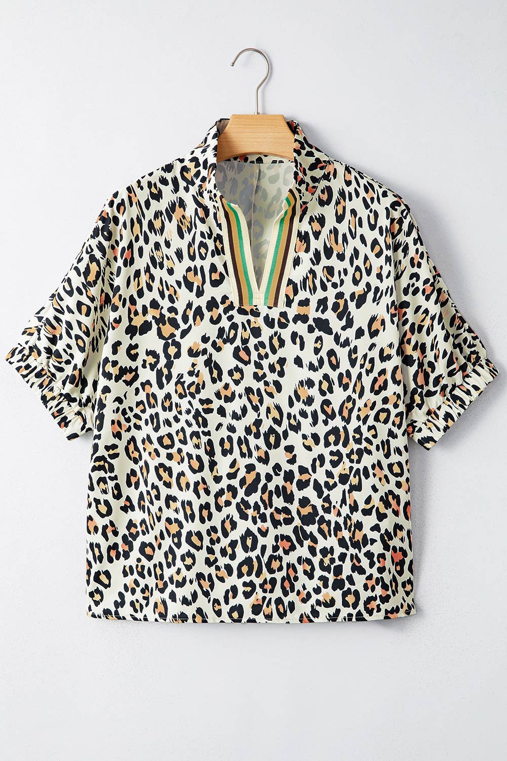 66Leopard Colorblock V Neck Half Sleeve Loose Fit Top (S-XL)