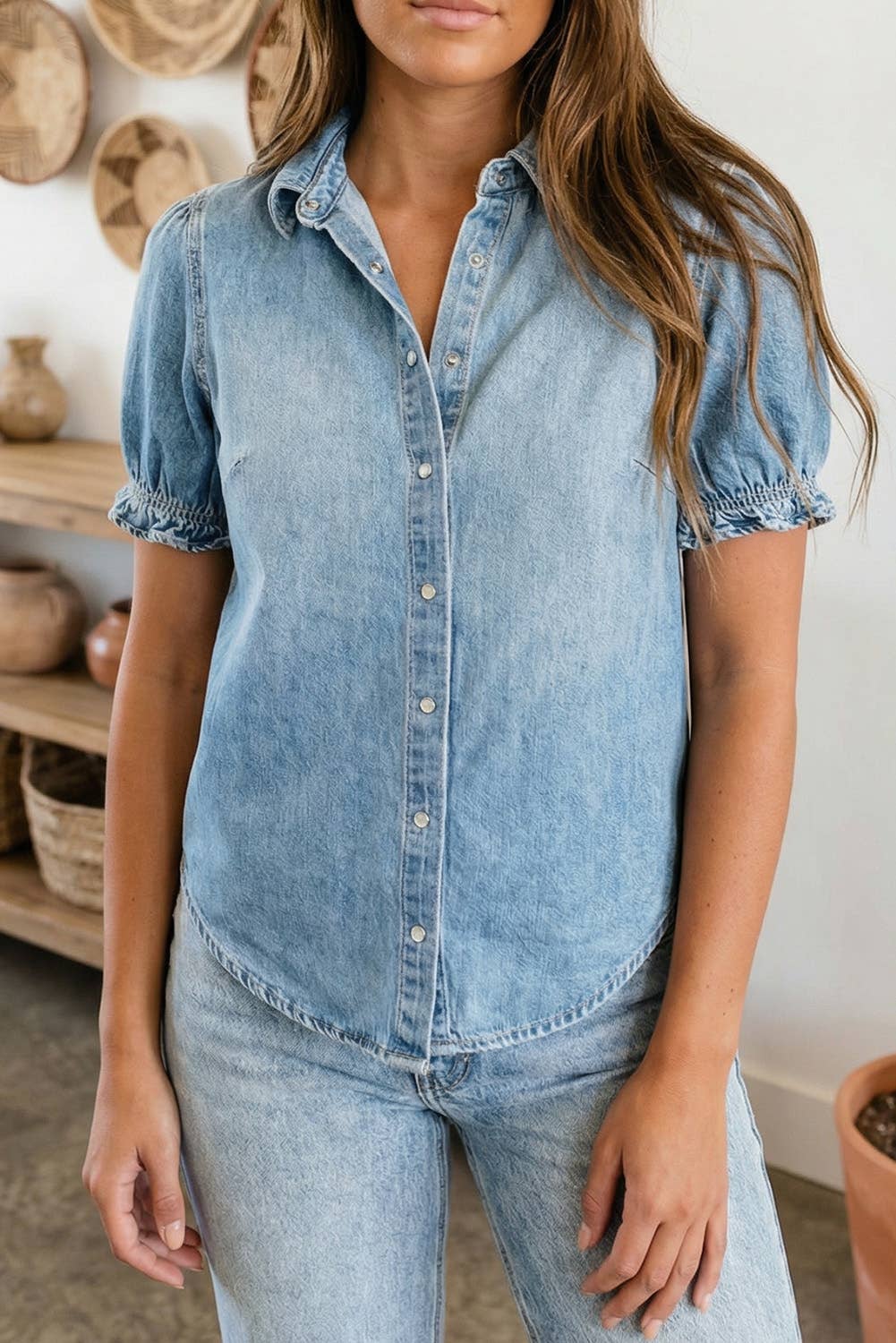 LDC Frilled Short Sleeve Snap Button Denim Shirt