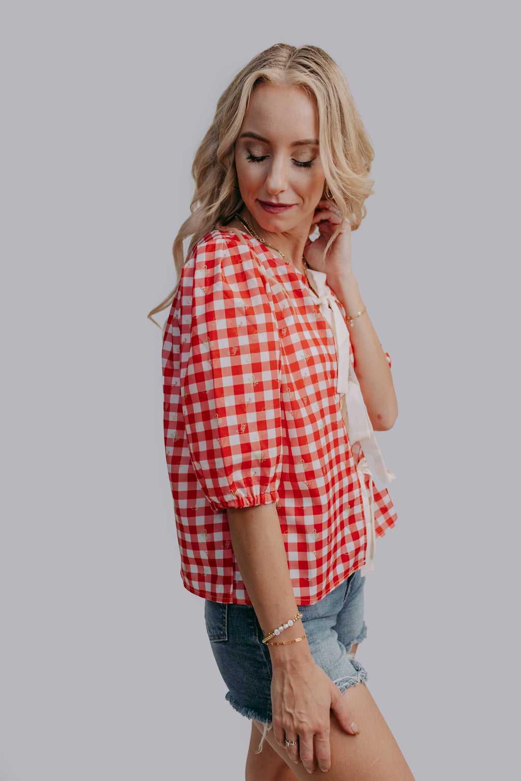 MK621 Plaid Front Tie Blouse