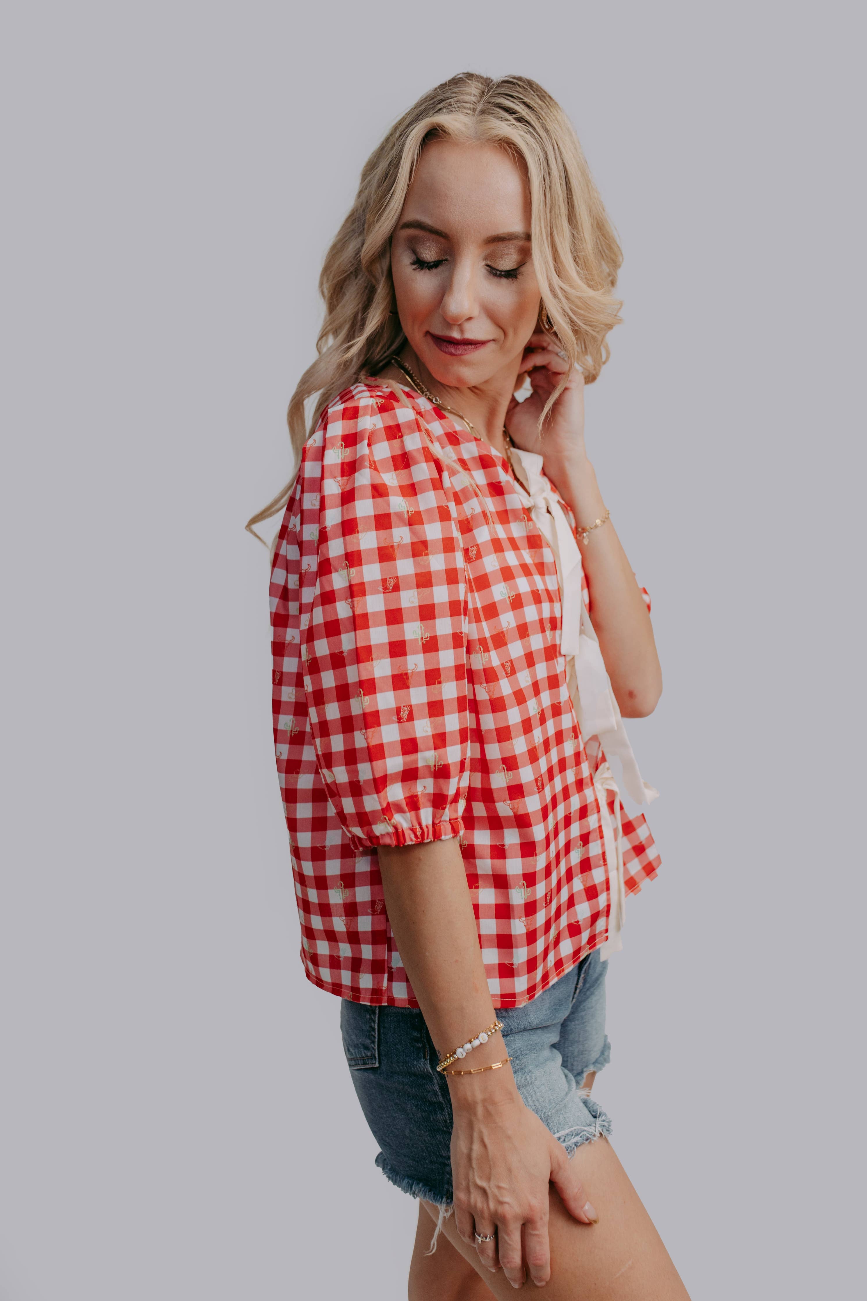 MK621 Plaid Front Tie Blouse
